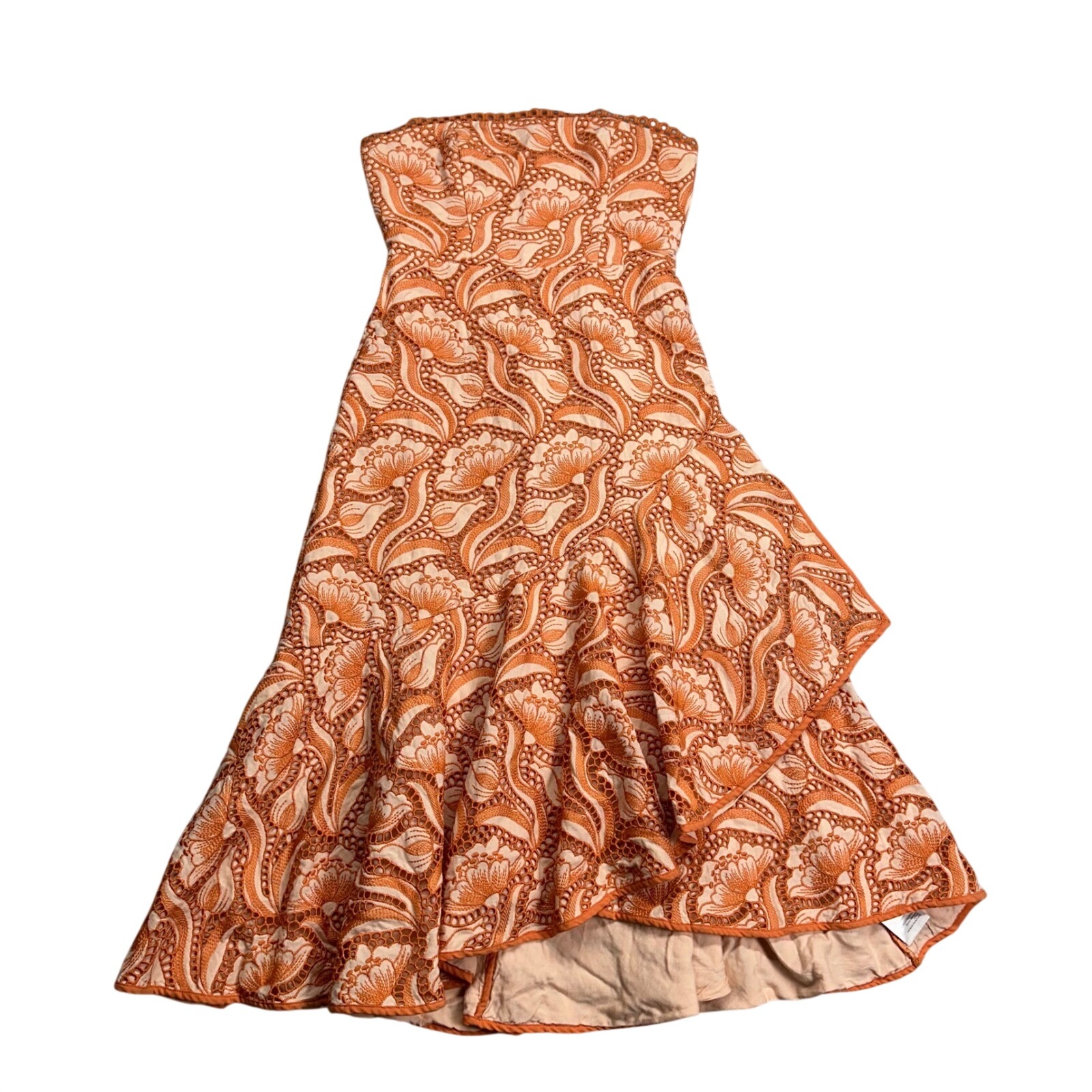 Anthropologie Orange Floral Eyelet Strapless Asymmetrical Midi Dress Size 6